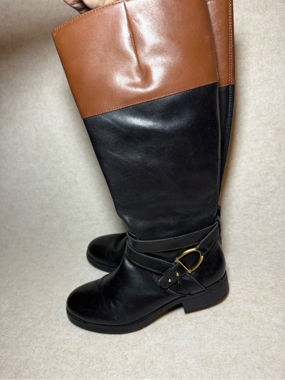 Bandolino BDTESSI Two Tone High Leather Boots Black Cognac Brown Size 8M - Picture 4 of 13